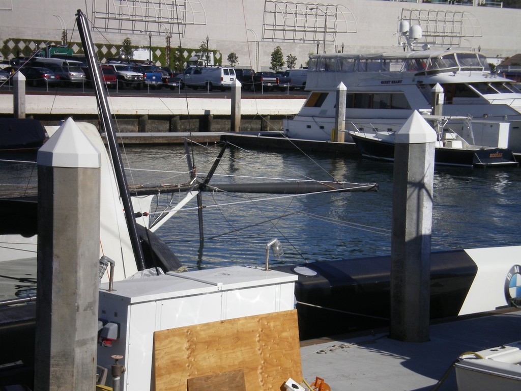 Bow sprit from right, shows bracing cables, seems longer, different. - BMW Oracle Racing, San Diego 1 November 2009 © Rob Wagner