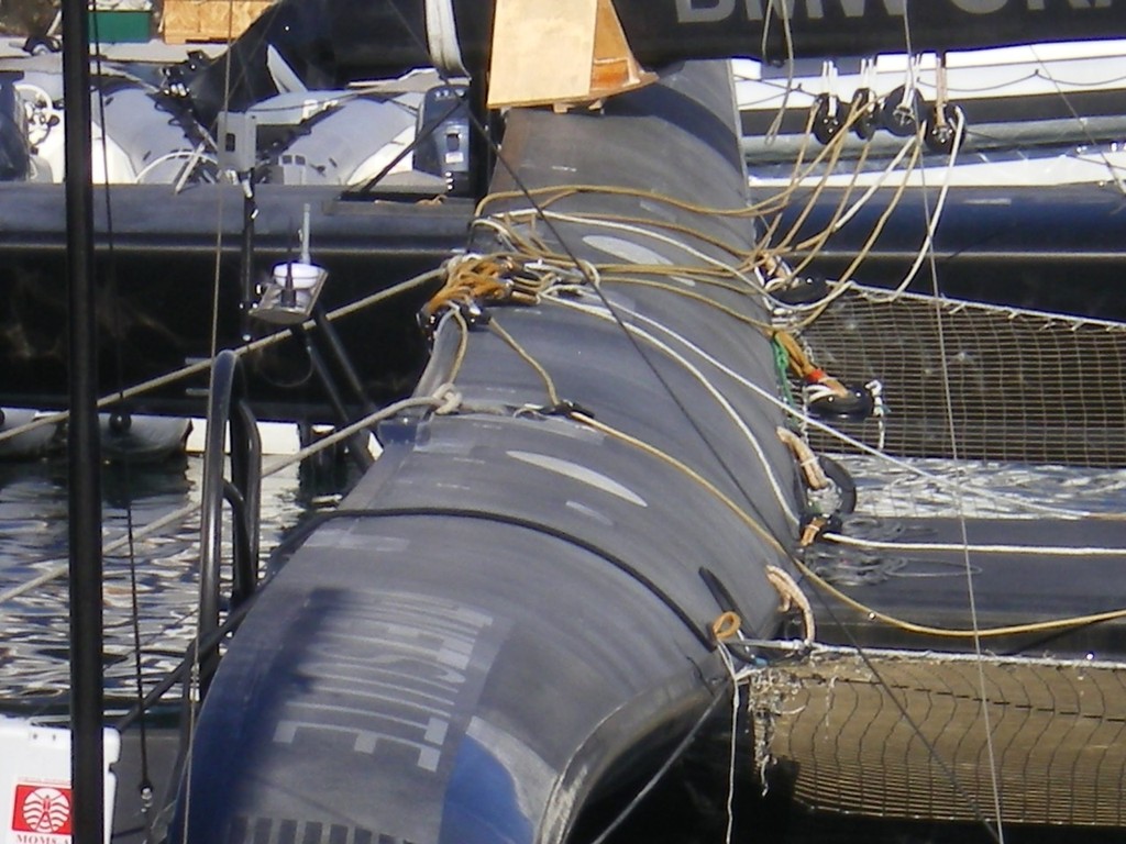 Close up of rear cross arm, lines and rigging, main trim - BMW Oracle Racing, San Diego 1 November 2009 © Rob Wagner