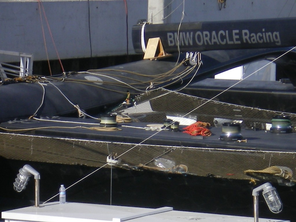 Top of Center hull just fore of aft cross arm - BMW Oracle Racing, San Diego 1 November 2009 © Rob Wagner