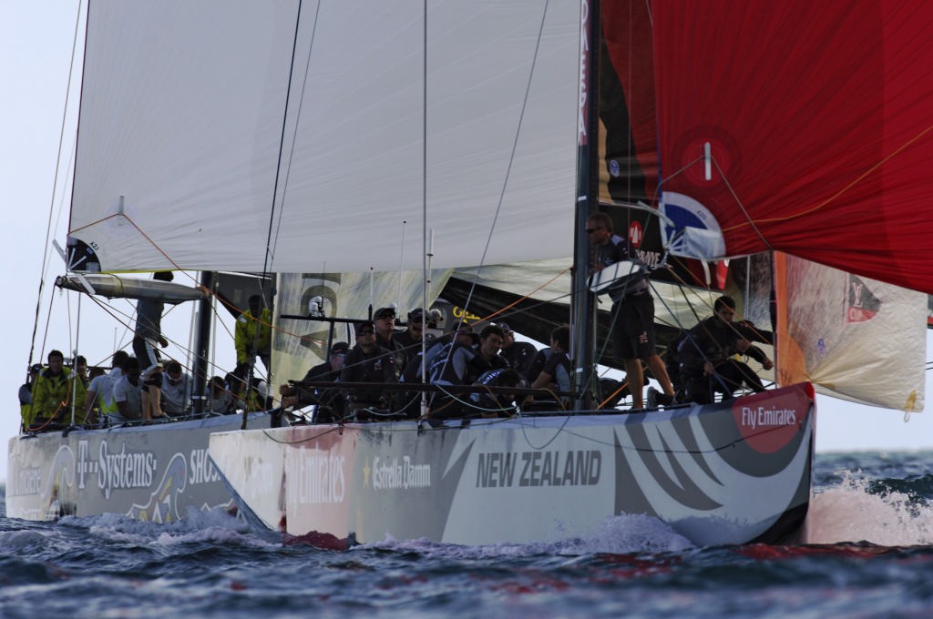 Emirates Team New Zealand NZL92 prepare to douse the spinnaker and round the bottom mark with Shoshaloza RSA83 hot on their heels in their Round Robin two match of the Louis Vuitton Cup. <br />
 © Emirates Team New Zealand / Photo Chris Cameron ETNZ 