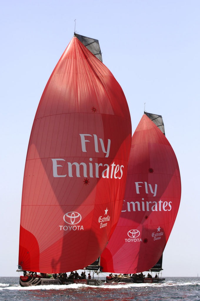 Emirates Team New Zealand NZL92 and NZL84 get in some two boat testing before the start of their Round Robin 2 race. Two-boat testing for the Challengers is prohibited in the 36th America's Cup. photo copyright Emirates Team New Zealand / Photo Chris Cameron ETNZ  taken at  and featuring the  class