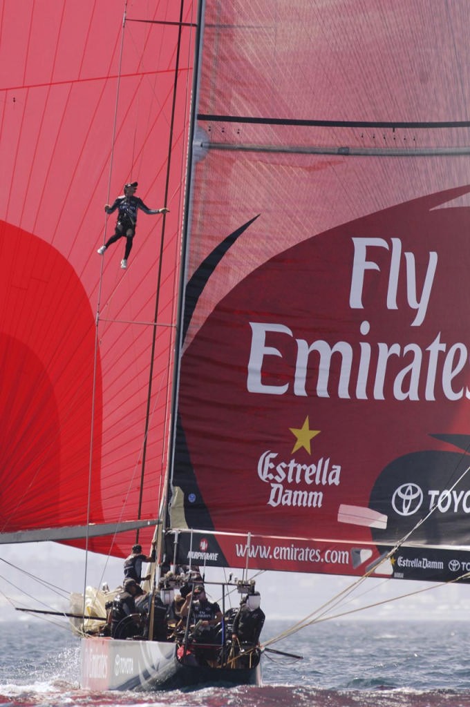 Emirates Team New Zealand spotter Adam Beashel goes aloft on NZL92 during the last leg of their fourth Louis Vuitton Semi final against Desafio Espanol ESP97. 18/5/2007 photo copyright Emirates Team New Zealand / Photo Chris Cameron ETNZ  taken at  and featuring the  class