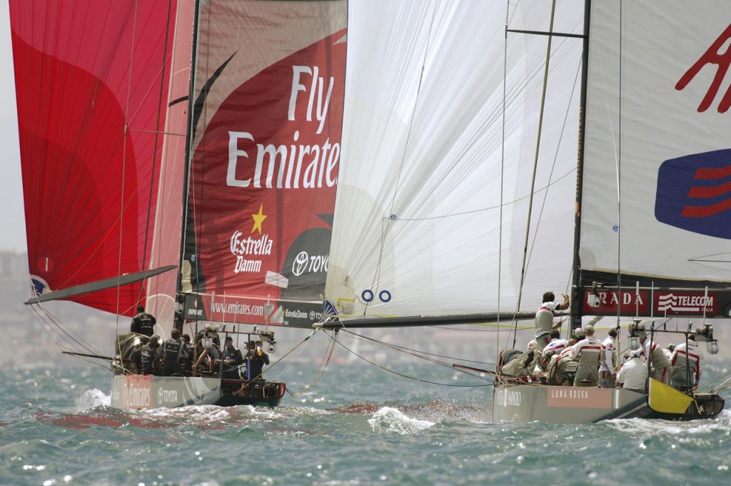 Emirates Team New Zealand NZL92 leads by 12 seconds heading into the first run with Luna Rossa Challenge ITA94 in the first of the Louis Vuitton Cup finals. 1/6/2007 &copy; Emirates Team New Zealand / Photo Chris Cameron ETNZ 