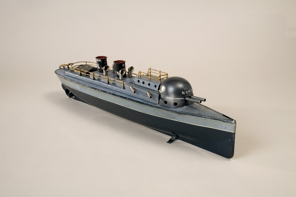 Nowik-gunboat This is a very famous toy boat. An ancillary system linked to the clockwork mechanism enabled the boat, cruising across the pond, to fire its already primed guns at the same time as it went about to return to its starting point. photo copyright Australian National Maritime Museum http://www.anmm.gov.au taken at  and featuring the  class