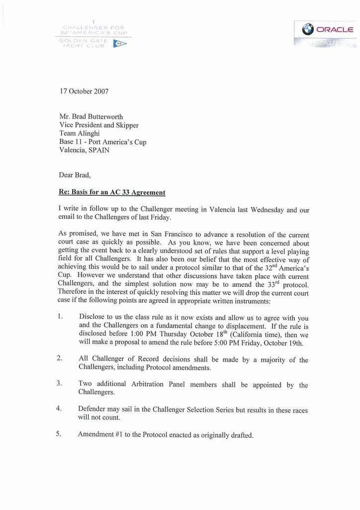 The Nine Point Plan - page 1 of the letter sent to Alinghi on 17 October photo copyright BMW Oracle Racing http://bmworacleracing.com taken at  and featuring the  class