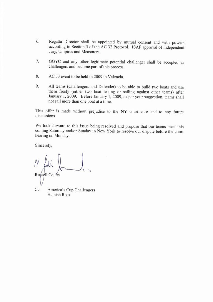 The Nine Point Plan - page 2 of the letter sent to Alinghi on 17 October photo copyright BMW Oracle Racing http://bmworacleracing.com taken at  and featuring the  class