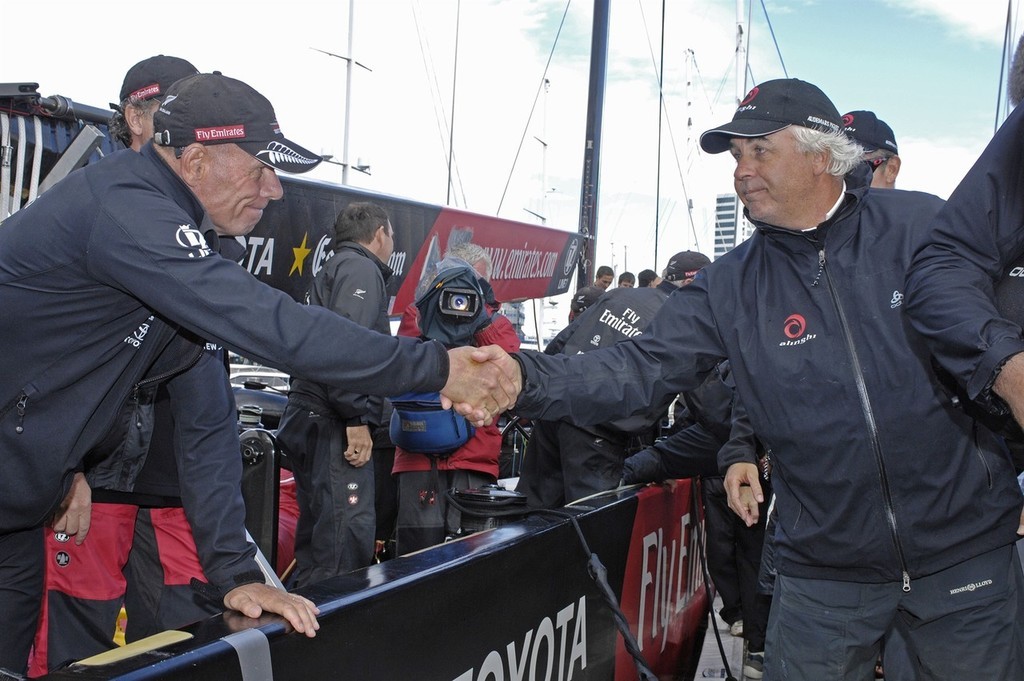 Emirates Team New Zealand MD Grant Dalton shakes hands with Brad Butterworth after ETNZ beat Alinghi to win the Louis Vuitton Pacific Series Trophy three races top one. 14/2/2009 - photo © Chris Cameron/ETNZ http://www.chriscameron.co.nz