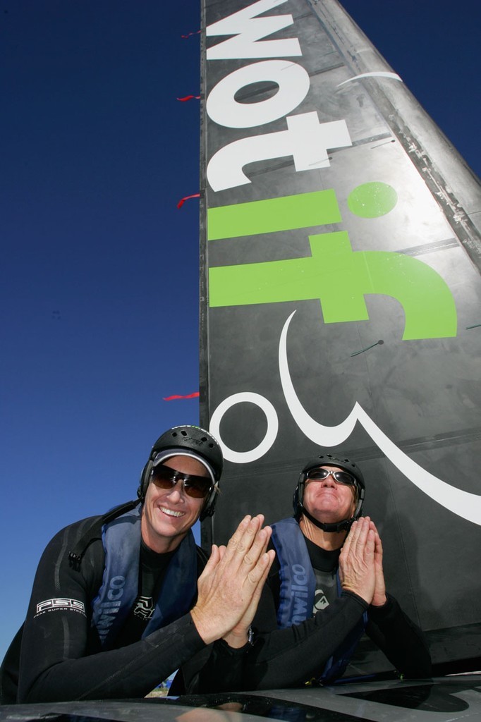 Pilot Sean Langman (L) and co-pilot Martin &rsquo;Tacka&rsquo; Thompson are waiting for better conditions ahead of a test sail for the Wot Rocket sailing craft, in run up to official attempt on the 500m world speed sailing record. photo copyright Sergio Dionisio/Wot Rocket taken at  and featuring the  class