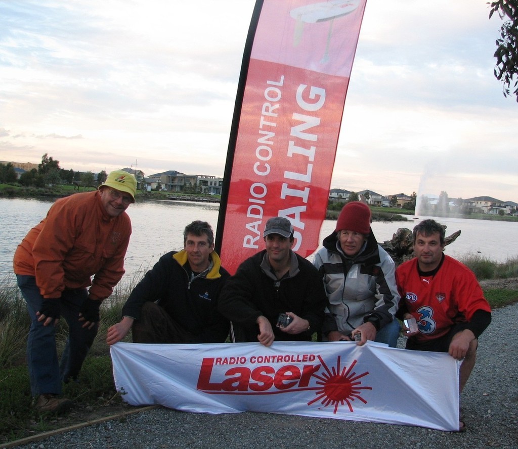 L to r : Mike Pender (PRO), Scott Fleming (3rd), Brendan Lee (1st), Derick Warne (4th) and Simon Dubbin (2nd) - 2009 Victorian RC Laser Championship photo copyright Cliff Bromiley www.radiosail.com.au http://www.radiosail.com.au taken at  and featuring the  class