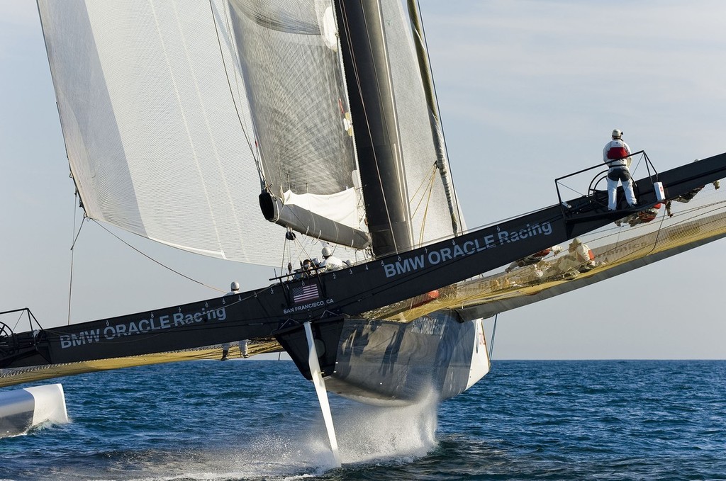 Will this be the view that Alinghi see in February/May 2010? BMW ORACLE Racing - 90 ft trimaran testing   © Paul Todd www.outsideimages.com