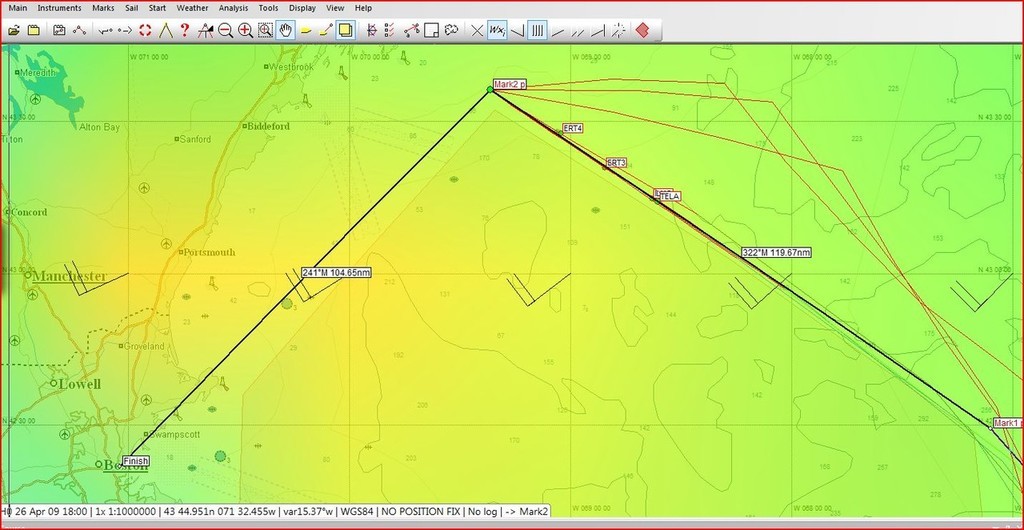 Official margin to the finish was 148nm to the finish on this position shot at 0200hrs local time (Boston) on 26 April. Four yachts are sailing down the line of the Exclusion Zone.  © PredictWind http://www.predictwind.com