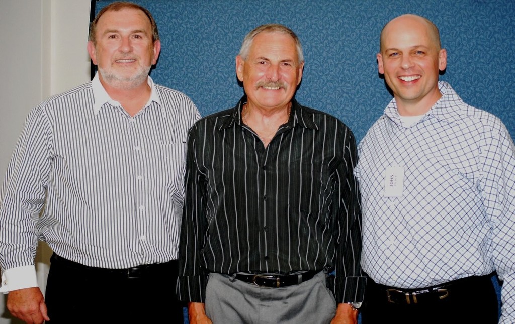 Ken Evans (centre) surrounded by ``the heavies``, John Temple (left) and John Pfeifer. photo copyright Melanie Wilson taken at  and featuring the  class