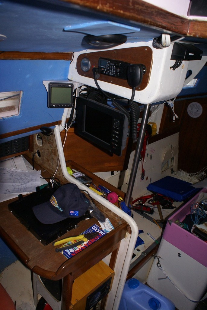 Navigation station aboard ’Ella’s Pink Lady’ escaped damage. © Bob Wonders