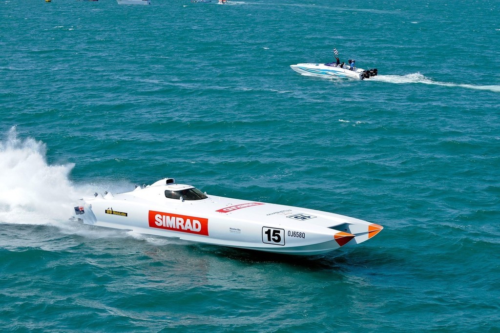 Second-placed ’Simrad’ at full noise, but was unable to catch ’Maritimo’ finishing just 57 seconds astern. - Redcliffe 100 © Andrew Gricks http://www.andrewgricksphotography.com