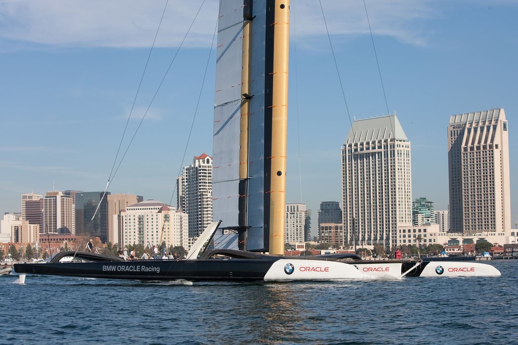 USA-17 slides in front of the San Diego skyline on the first day of wingsail testing © BMW Oracle Racing Photo Gilles Martin-Raget http://www.bmworacleracing.com