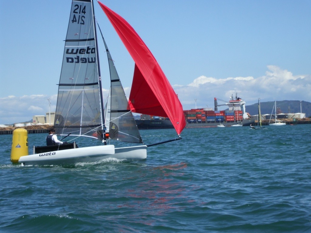 Simon Baker rounds the top mark with a quick gennaker set - 2008 Weta National Championships  © Chris Kitchen