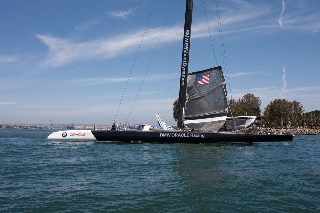It is clear from this shot, how the waterline length of the ama is very much shorter if the rudder is excluded. © BMW Oracle Racing Photo Gilles Martin-Raget http://www.bmworacleracing.com