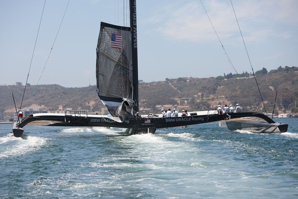 BMW ORACLE Racing - First sea trials <br />
of the newly modified BOR 90 trimaran © BMW Oracle Racing Photo Gilles Martin-Raget http://www.bmworacleracing.com