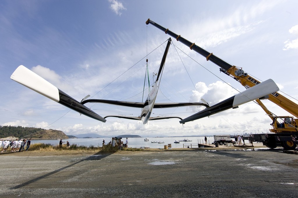 BMW Oracle Racing - 90fter AC launch - showing the slim hulls of the 80ft liong x 90ft wide multihull © BMW Oracle Racing Photo Gilles Martin-Raget http://www.bmworacleracing.com