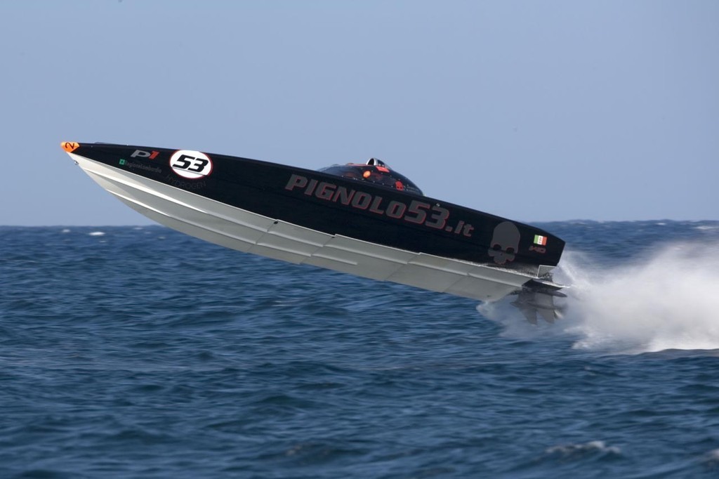 The #53 Pignolo 53 Skater Evolution-class boat takes to the air in Malta photo copyright Powerboat P1 World Championship http://www.powerboatp1.com taken at  and featuring the  class