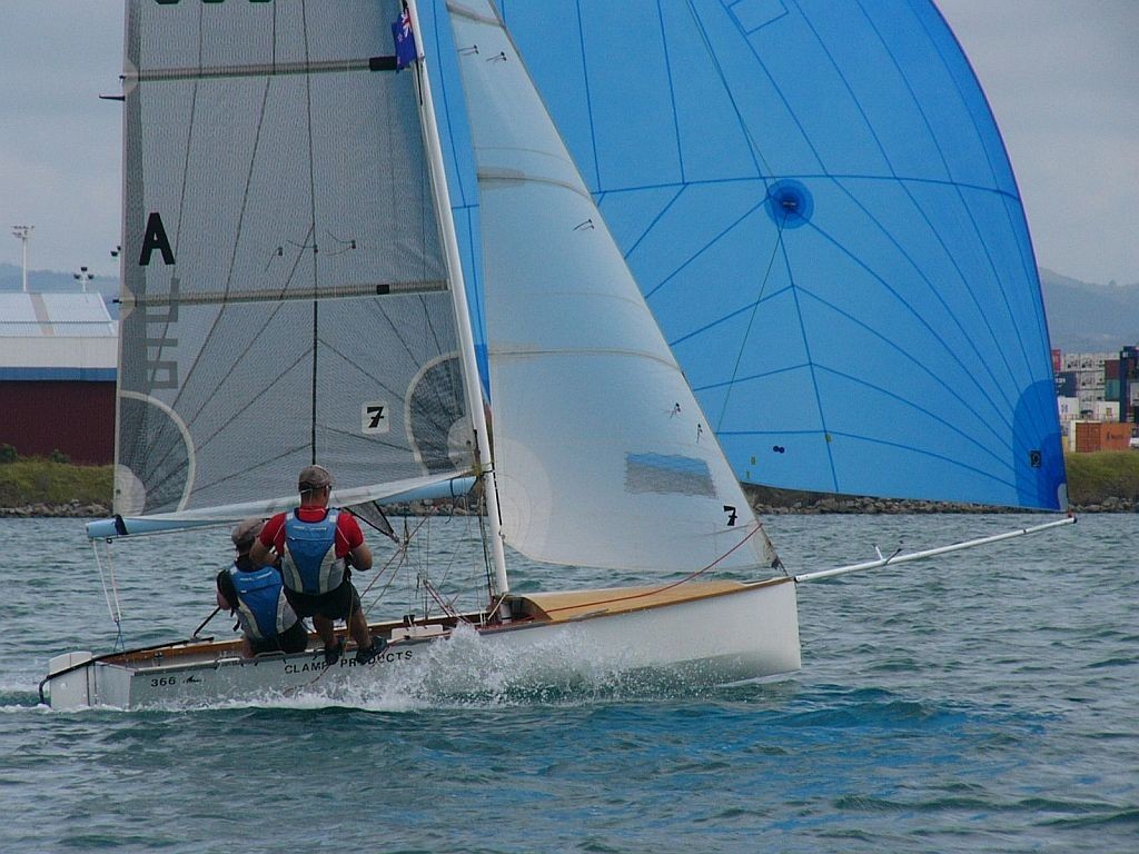 Aussies Aaron Hirst and Brett Taylor chase the kiwis downwind - Bay Nissan 2009 Javelin South Pacifics & 2009 New Zealand Javelin Nationals photo copyright Murray de Lues taken at  and featuring the  class
