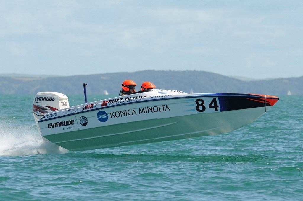 Jeff Weake took the wheel aboard ’Konica Minolta’ with regular driver Greg Brinck unable to compete for family reasons. Jeff maintained the lead for most of the race but was ’pipped on the post’ by ’Expresso Engineers’. - NZ Offshore powerboat championships © Greg Olsen