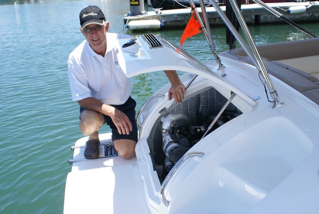 Ken Blacklock, developer of the Southbeach Vacationer, shows off the new transom design to accommodate the diesel stern drive power option. - Southbeach goes diesel © Bob Wonders