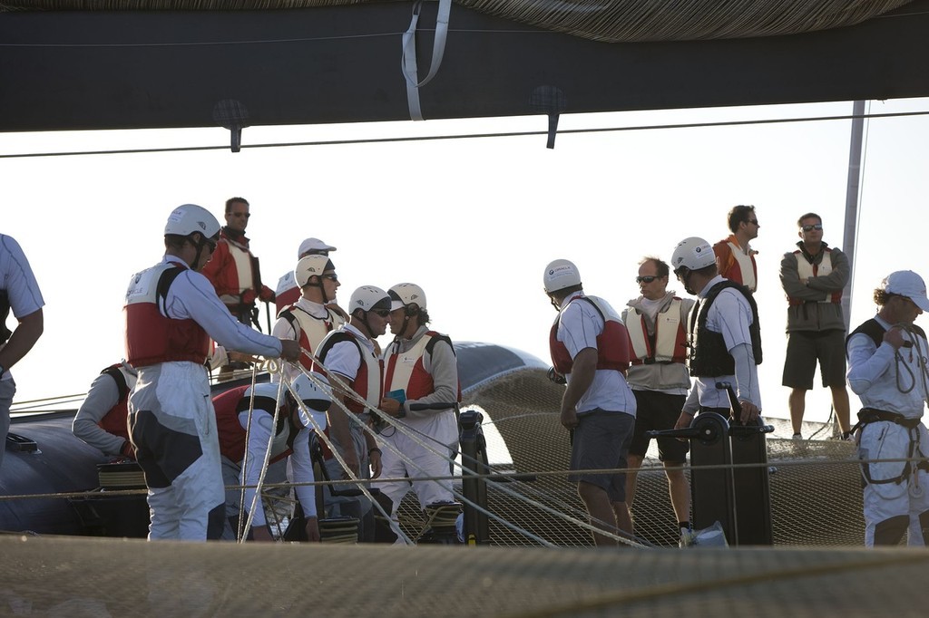 Looking like a mountaineering team BOR90’s crew during trialing out of San Diego © BMW Oracle Racing Photo Gilles Martin-Raget http://www.bmworacleracing.com