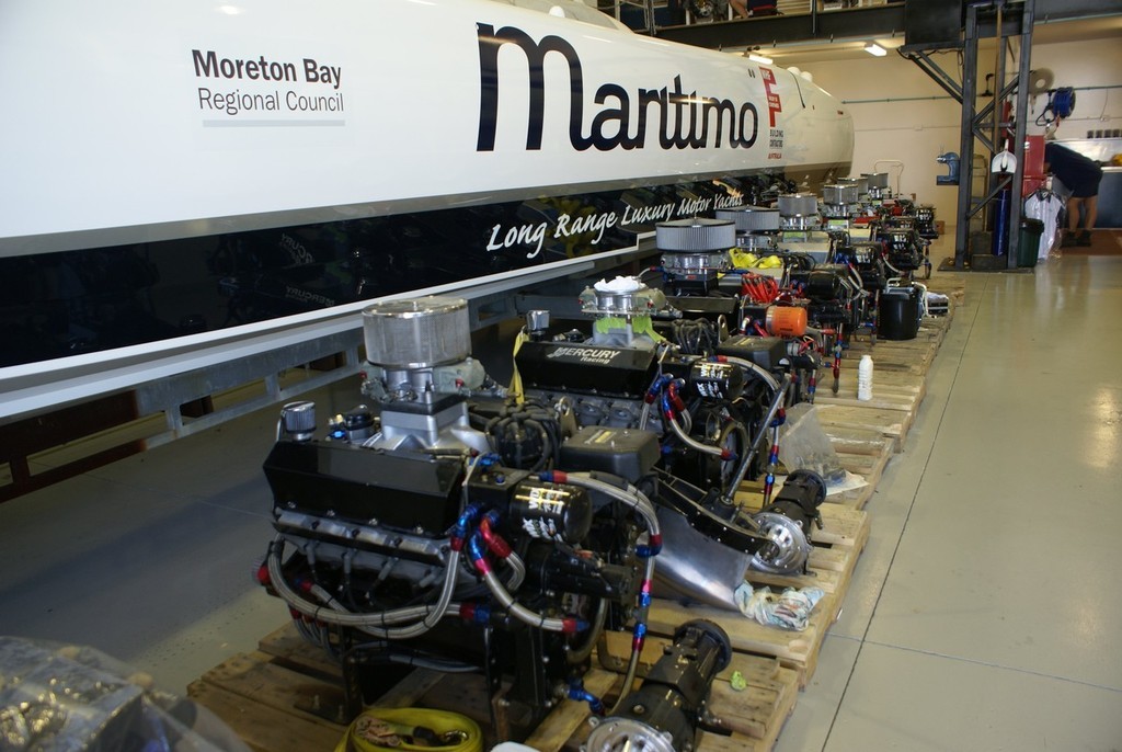 Some of the naturally aspirated, 790hp engines purchased by Bill Barry-Cotter to power the new design catamarans. © Bob Wonders