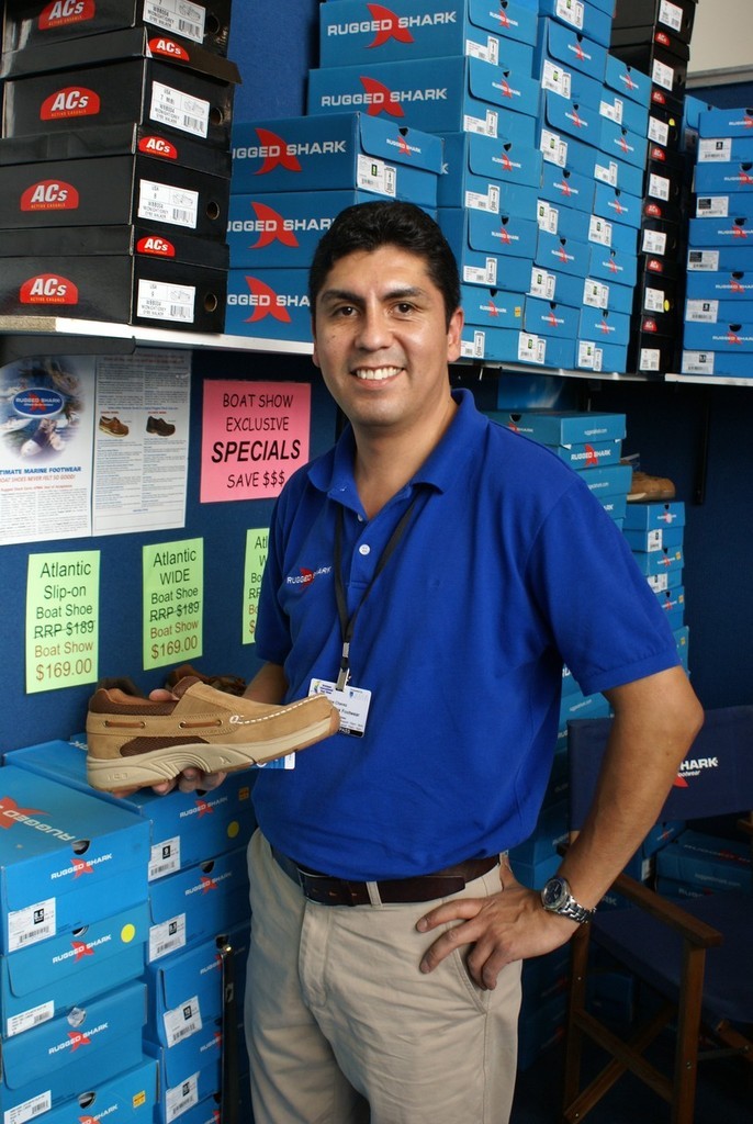 'Shoe Man', Joe Chavez, of Rugged Shark deck shoe fame, has the shoes and is ready for business at Brisbane or anywhere else there's a boat show. - BIBS photo copyright SW taken at  and featuring the  class