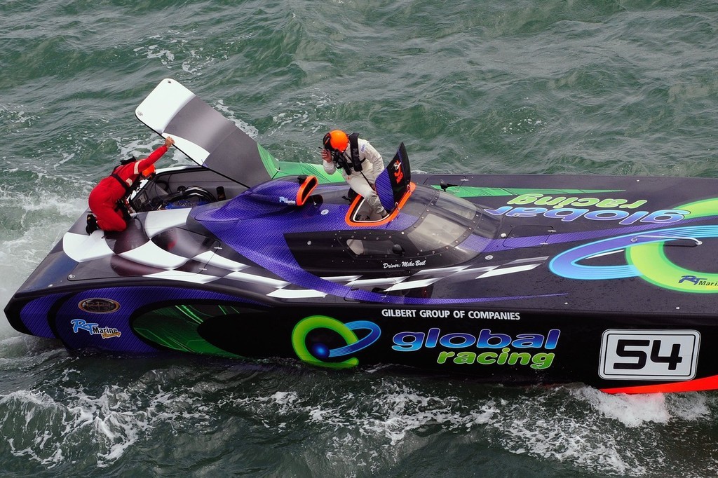 Yep, engines are still there! Mike Biel and Travis Thompson check ’Global Racing’s well-being after finishing third in Class 1 at Williamstown. - Williamstown offshore © Andrew Gricks http://www.andrewgricksphotography.com