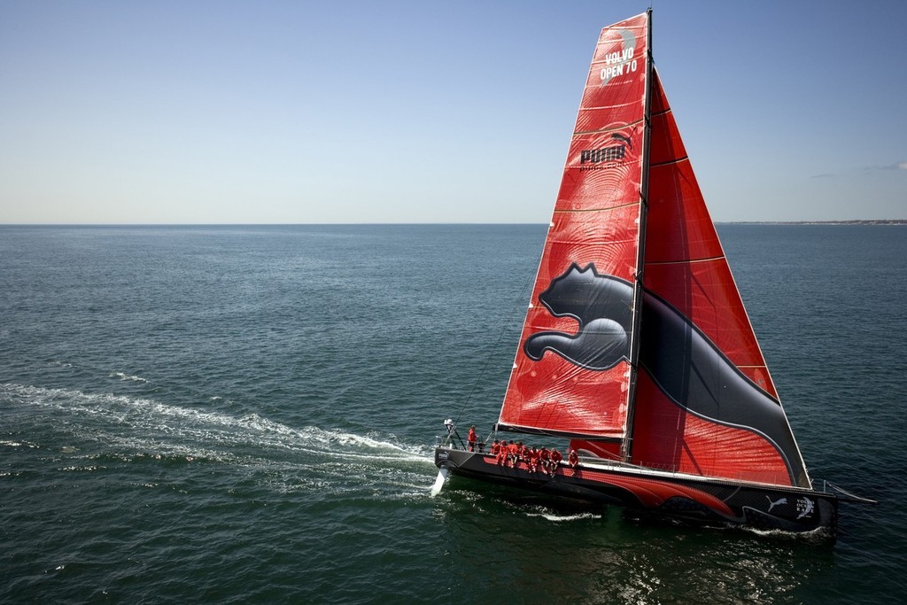 For EDITORIAL USE only, please credit: Sally Collison/PUMA Ocean Racing 
 
The new PUMA Ocean Racing Volvo Open 70 ``il mostro`` goes training in the waters off Newport, Rhode Island.  Il Mostro's deisgn is painted to resemble, and is also named after, a brand of PUMA training shoe. 
 
The 2008-09 Volvo Ocean Race will be the 10th running of this ocean marathon. Starting from Alicante in Spain on 4 October 2008, it will for the first time, take in ports in Asia. Spanning some 39,000 nautical miles photo copyright Sally Collison/PUMA Ocean Racing http://www.sallycollison.com taken at  and featuring the  class