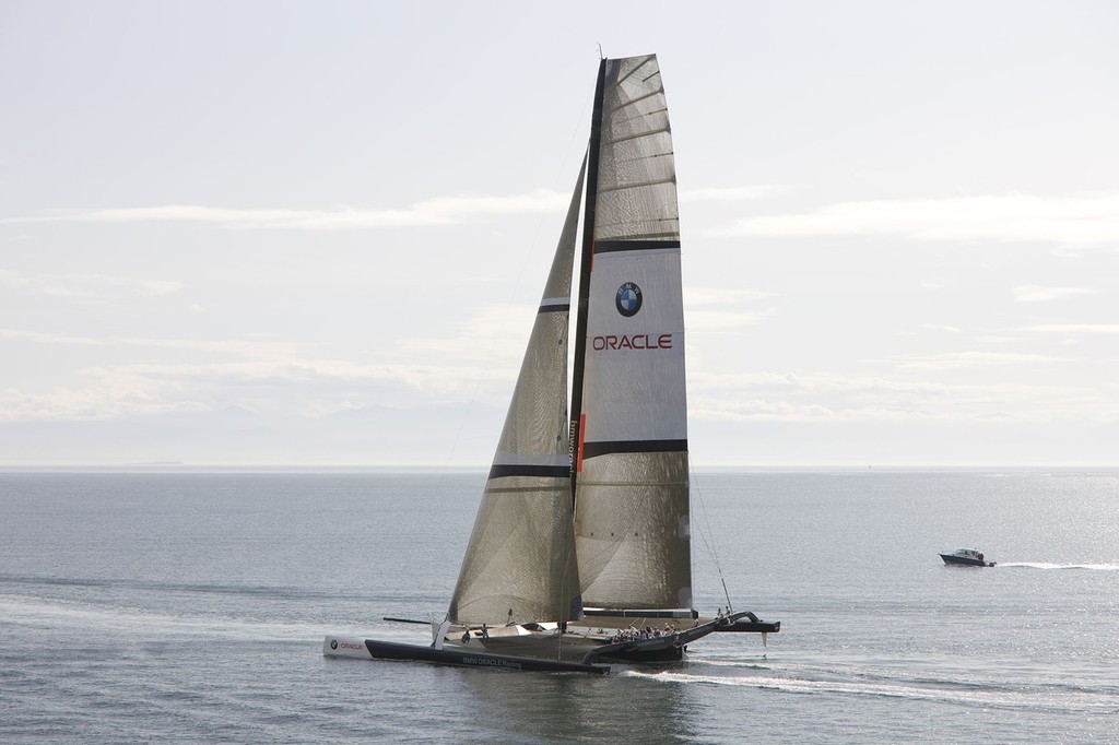The newly launched BMW Oracle Racing trials off Anacortes, today under full sail for the first time. © BMW Oracle Racing Photo Gilles Martin-Raget http://www.bmworacleracing.com