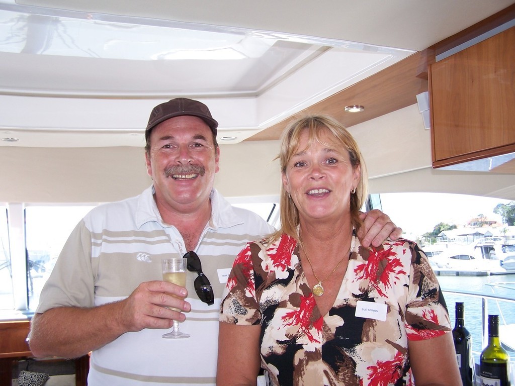 Rod Eelman and Susan Spinks inspect the luxury interior of Santorini.  - Riviera Syndication launch party photo copyright Wayne Woodward taken at  and featuring the  class