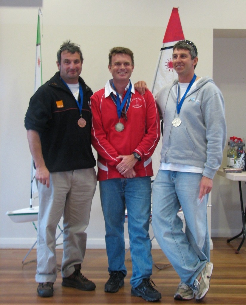 Simon Dubbin (2nd), Paul Derwent (1st), Scott Fleming (2nd) - 2009 NSW RC Laser State Championship photo copyright Cliff Bromiley www.radiosail.com.au http://www.radiosail.com.au taken at  and featuring the  class