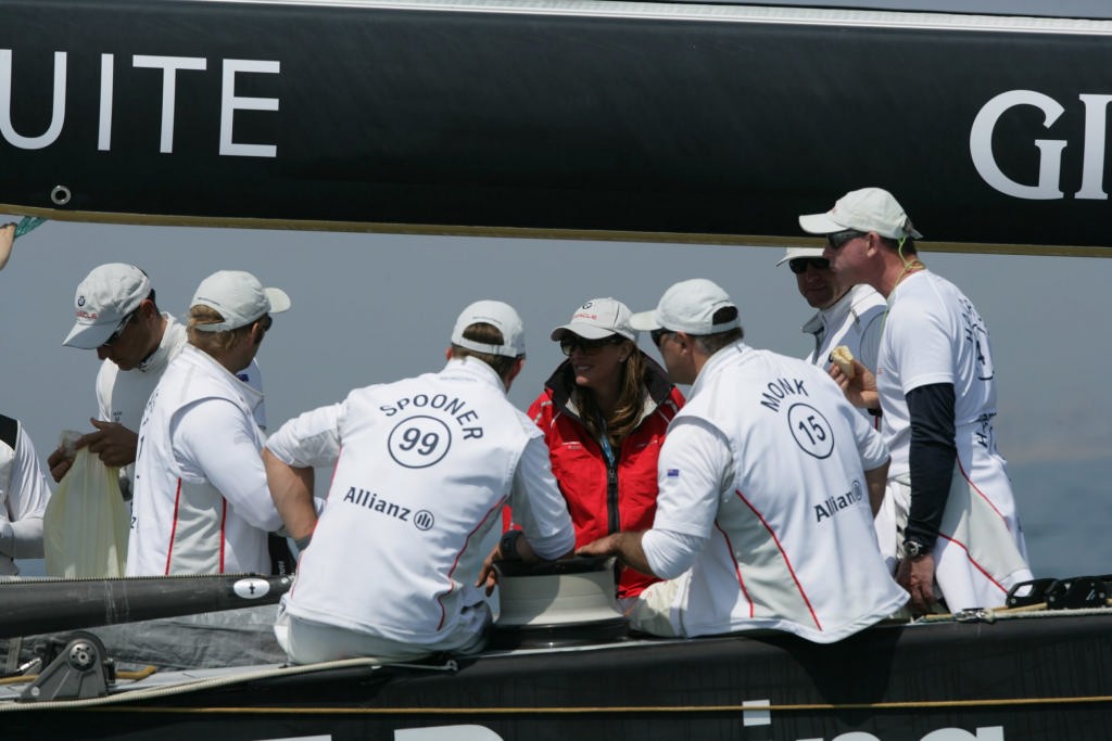 Kiwi crew Craig Monk and Joe Spooner are all attention for Tatiana Patitz&rsquo;s weather briefing aboard USA 98 photo copyright BMW Oracle Racing Photo Gilles Martin-Raget http://www.bmworacleracing.com taken at  and featuring the  class