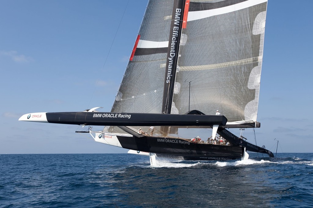 BMW ORACLE Racing - 90 ft Trimaran testing - apparently pitching in the Pacific swells - showing a little drag on the rudder and leeward transom © BMW Oracle Racing Photo Gilles Martin-Raget http://www.bmworacleracing.com