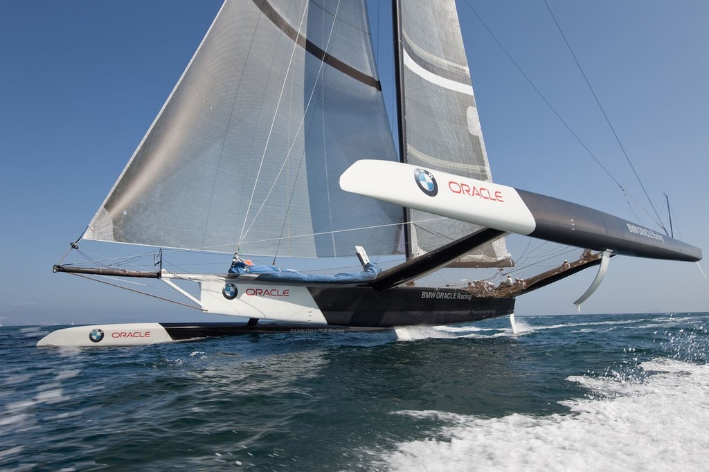 BMW ORACLE Racing - 90 ft Trimaran testing - the curve of the windward foil can be seen and the leeward foil imagined in this shot © BMW Oracle Racing Photo Gilles Martin-Raget http://www.bmworacleracing.com