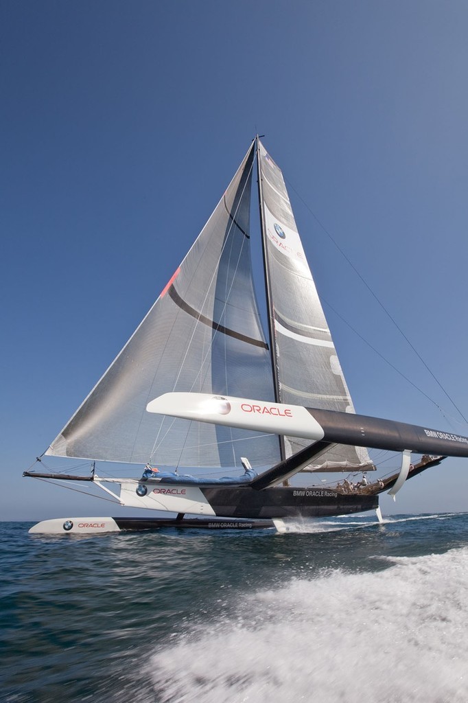 BMW ORACLE Racing - 90 ft Trimaran testing - the curve of the windward foil can be seen and the leeward foil imagined in this shot. © BMW Oracle Racing Photo Gilles Martin-Raget http://www.bmworacleracing.com