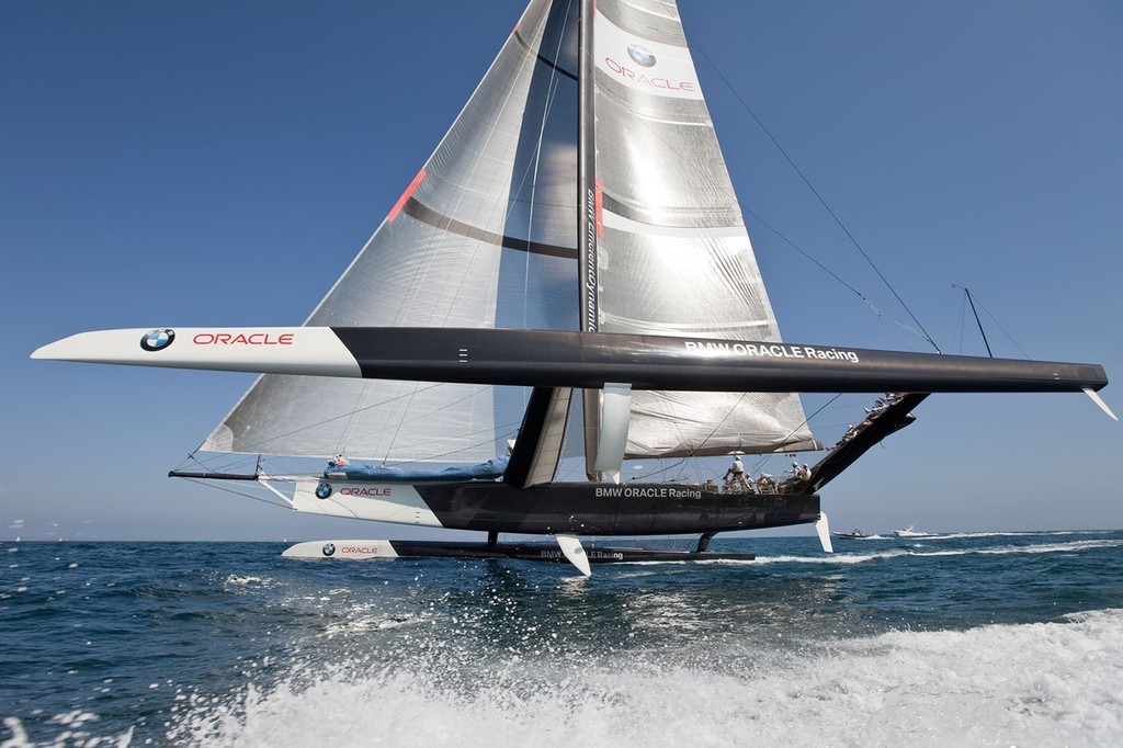 BMW ORACLE Racing - 90 ft Trimaran testing - another foil shot, also note the centre foil is almost clear of the water. BOR90 would seem to be sailing downwind, judging by the wave angle © BMW Oracle Racing Photo Gilles Martin-Raget http://www.bmworacleracing.com