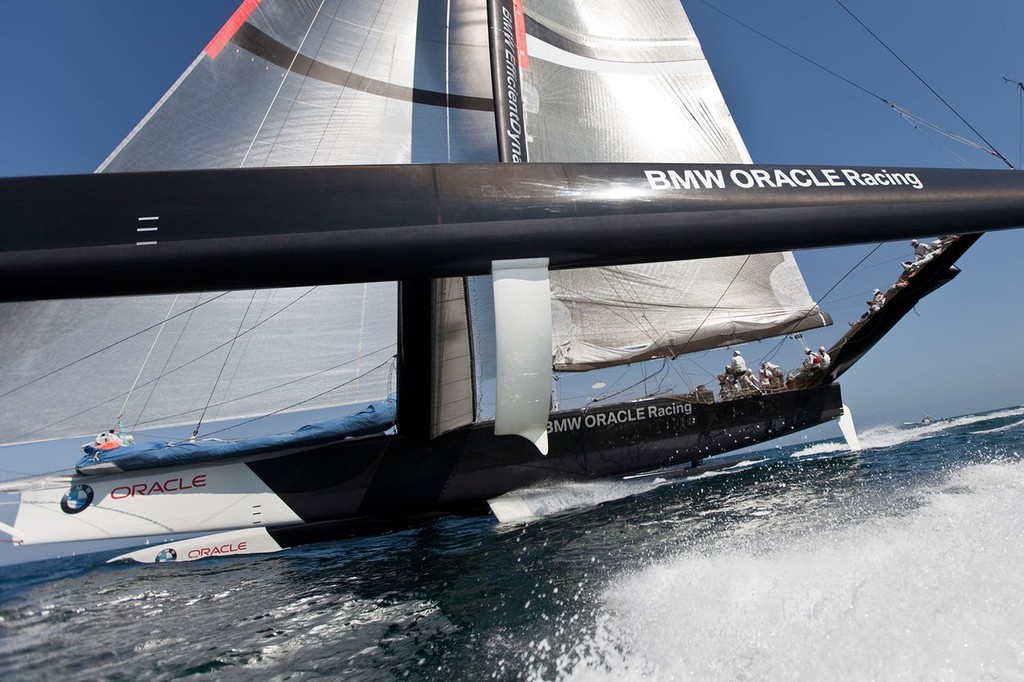 BMW ORACLE Racing - 90 ft Trimaran testing - the shape of the extended windward foil can be clearly seen © BMW Oracle Racing Photo Gilles Martin-Raget http://www.bmworacleracing.com