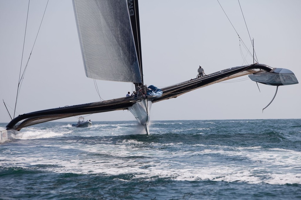 BMW ORACLE Racing - 90 ft Trimaran testing - a rare bow on shot © BMW Oracle Racing Photo Gilles Martin-Raget http://www.bmworacleracing.com