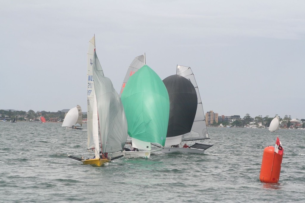 Buggar the Bone (yellow) - Nick and Charlie Darlow, VIC - 9th place overall - Australian B14 Championships, Belmont, Lake Macquarie photo copyright Rafael Heale taken at  and featuring the  class