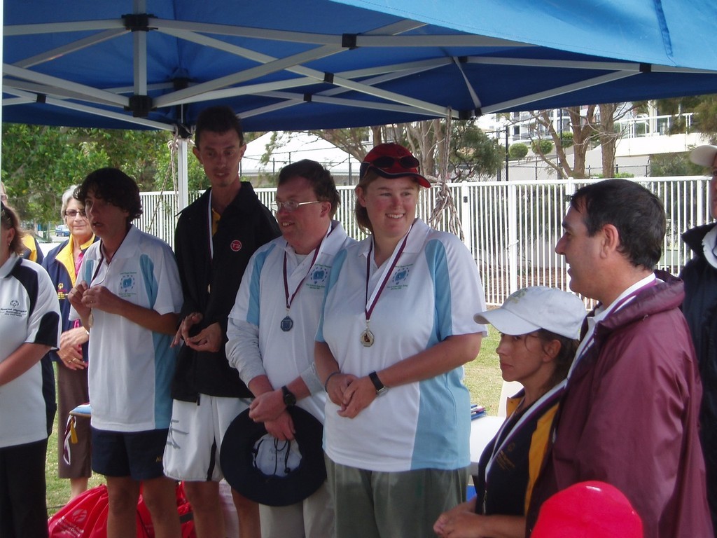 Mens and Womens Singlhanded medallists - Sonja Gilmore, Tom Nairn, Allister Peek, Bronwyn Ibbotsom, Belinda Hill, Warren Hawkins - 2008 Special Olympics Queensland Sailing Regatta © Drew Hulton-Smith