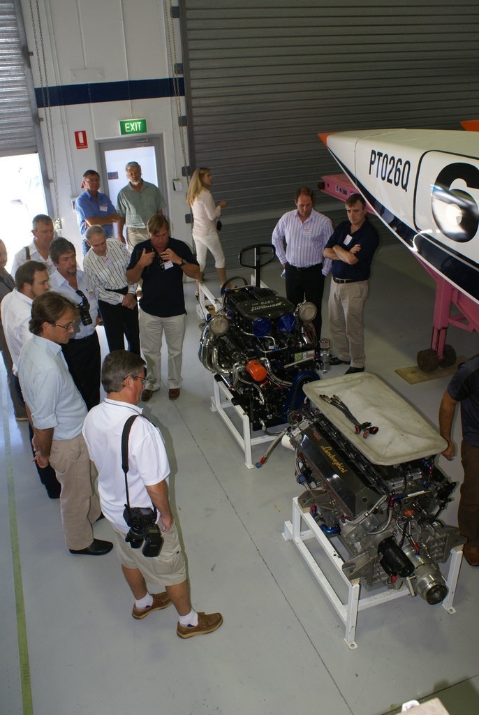 Media representatives were given a first-hand tour of the very high-tech Maritimo Offshore Race Team headquarters. © Bob Wonders