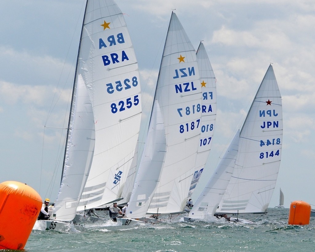 8144 Kunio Suzuki / Daichi Wada (JPN), now in 11th overall and trying to qualify Japan for one of the four Olympics spots left - seen here toughing it out at the mark with Robert Scheidt/Bruno Prada (BRA), Hamish Pepper/Carl Williams (NZL) and Xavier Rohart/Pascal Rambeau (FRA) © Marco Oquendo http://www.imagesbymarco.com