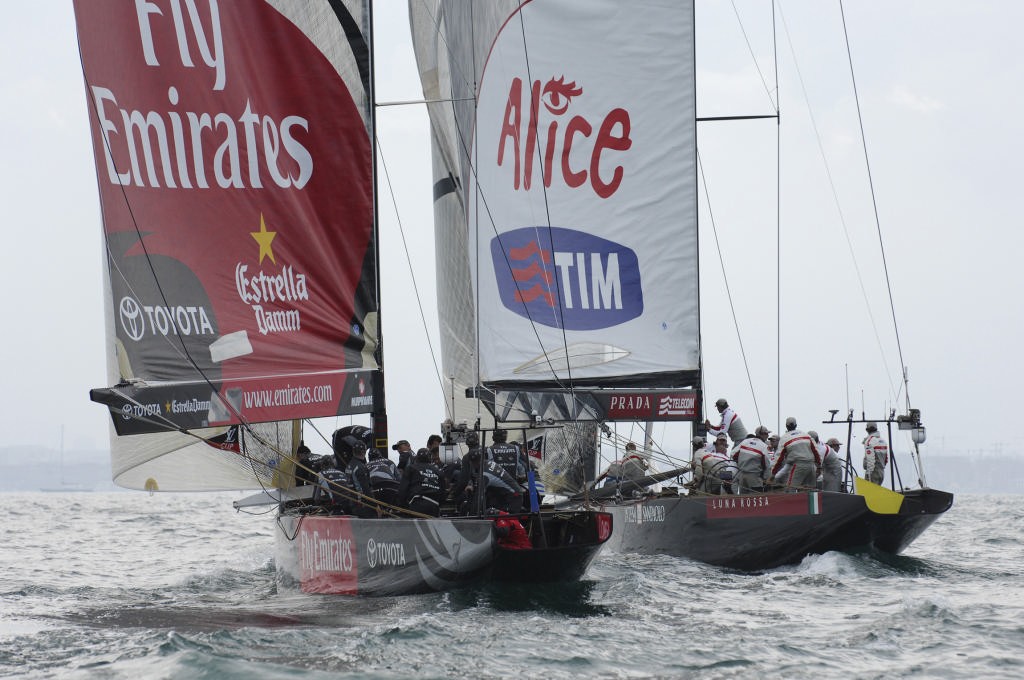 The yachts turn back down into the course after Lunna Rossa ITA94 takes Emirates Team New Zealand NZL92 above the starboard layline at the first windward mark rounding. Louis Vuitton Round Robin two.  © Emirates Team New Zealand / Photo Chris Cameron ETNZ 