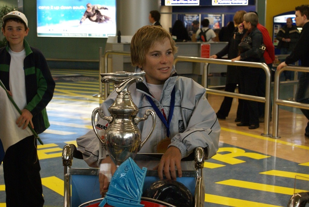 James Turner with the Miami Herald Trophy for the best team- Optimist Team return home - August 2007 © Richard Gladwell www.photosport.co.nz