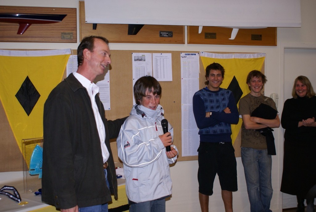 Marc Michel (Commodore of Wakatere BC) 2007 NZ Optimist Champion and 9th placegetter in the 2007 Optimist Worlds, Logan Dunning-Beck August 2007, at the Welcome Home held at Wakatere BC © Richard Gladwell www.photosport.co.nz