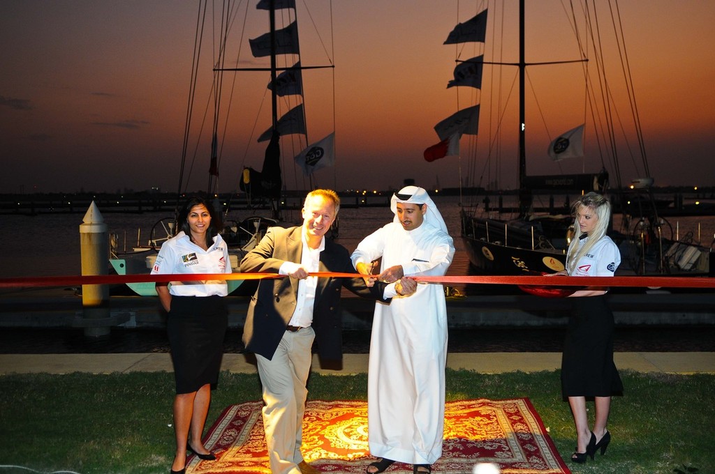 Andrew Pindar and HE Shaikh Daij bin Salman bin Daij Al Khalifa, Chairman of the General Organisation of Sea Ports, cutting the ribbon to mark the arrival of Sail Bahrain's two VO60s. photo copyright Sail Bahrain taken at  and featuring the  class